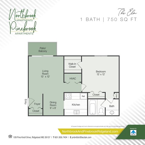 A floor plan for a 1 bath, 750 sq ft apartment.